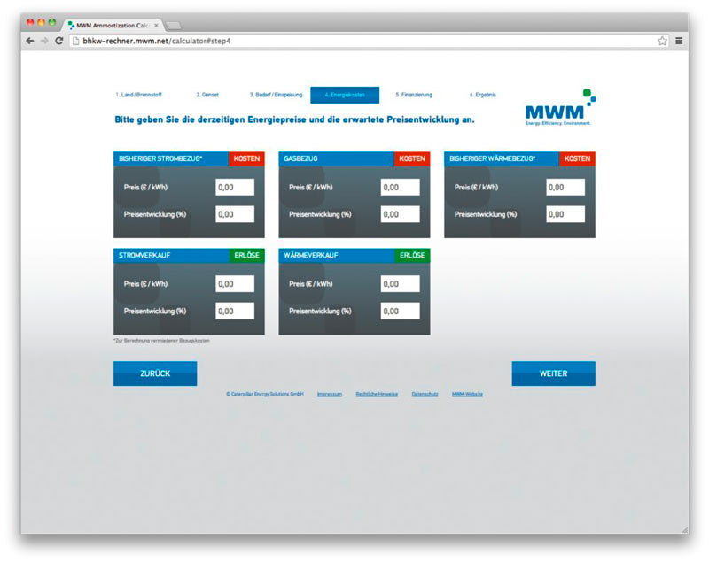 CHP amortization calculator – input mask for current energy prices and expected price change