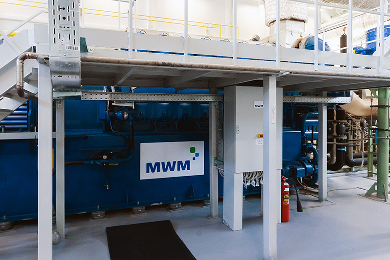 The installed MWM TCG 2032B V16 gas engine of the NLMK-Ural power plant in Nizhniye Sergi, Russia, produces an electrica
