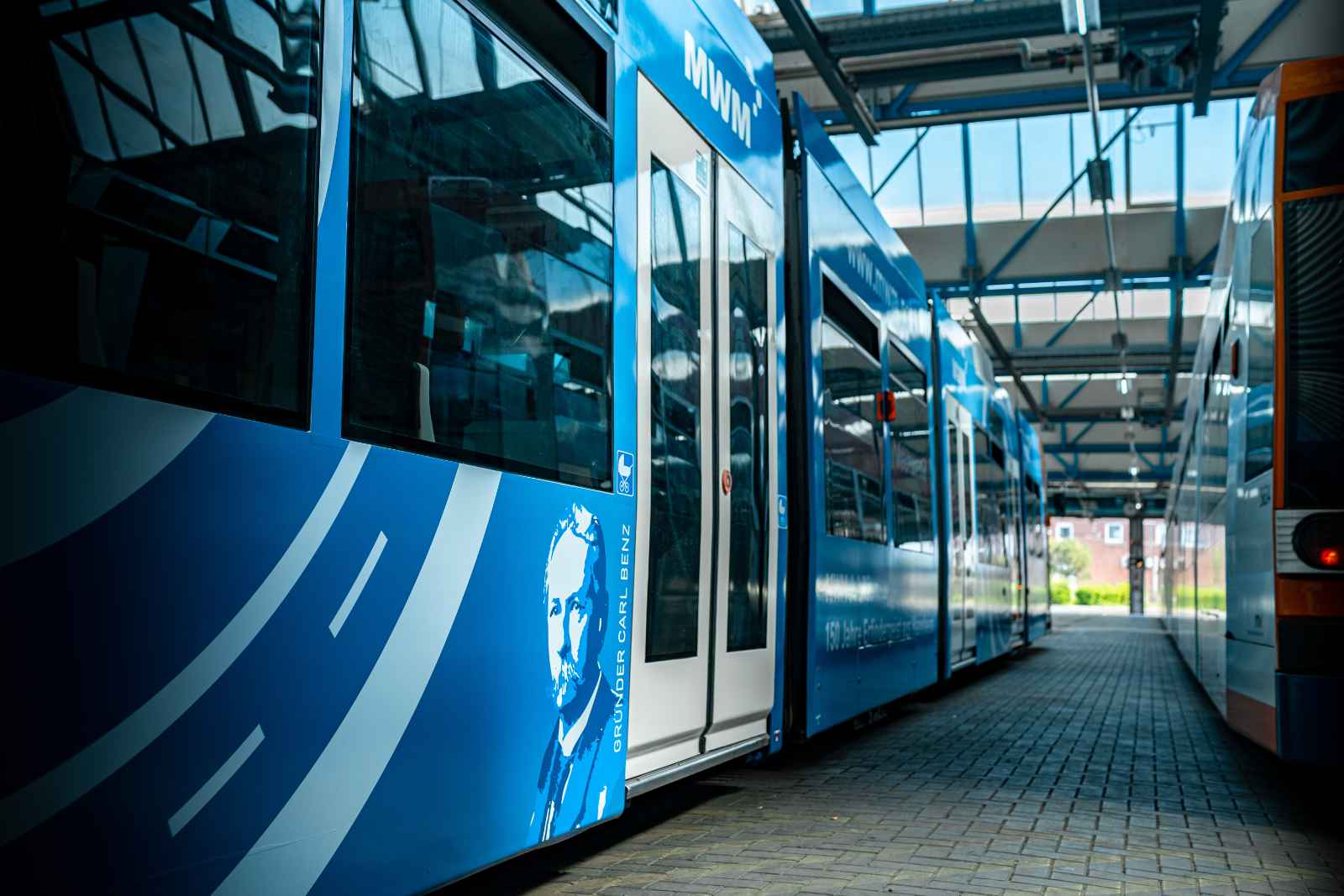 A tram in blue MWM design in Mannheim, the traditional location of the MWM brand