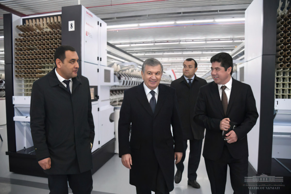 President Shavkat Mirziyoyev visiting the FT Textile Group